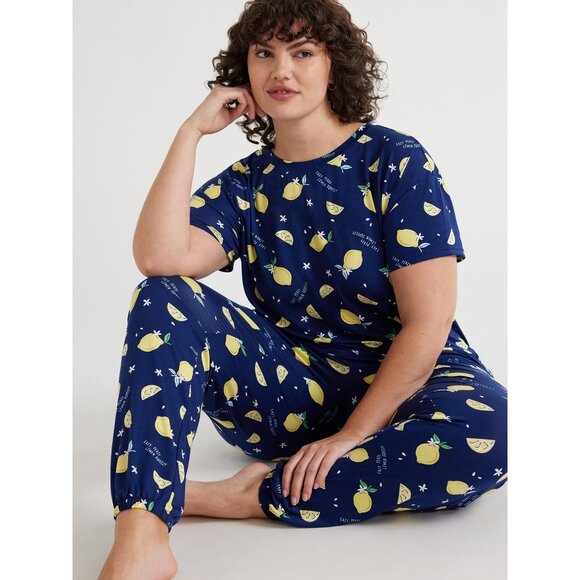 Joyspun Pajama Set Navy Blue Yellow Easy Peasy Lemon Squeezy XL 16, 18 - Picture 1 of 15